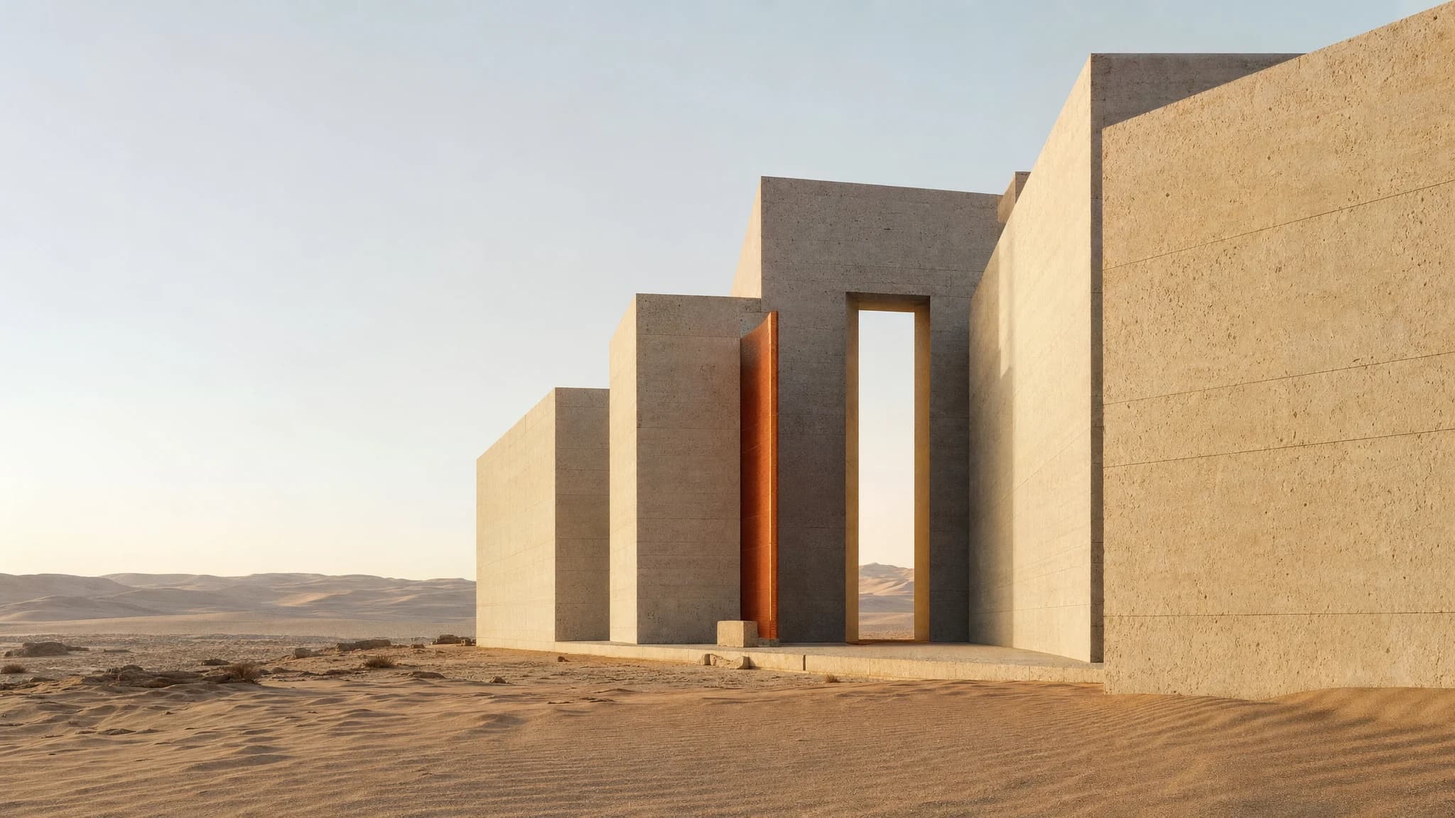 Conceptual sandstone architecture framing an open Sahara horizon