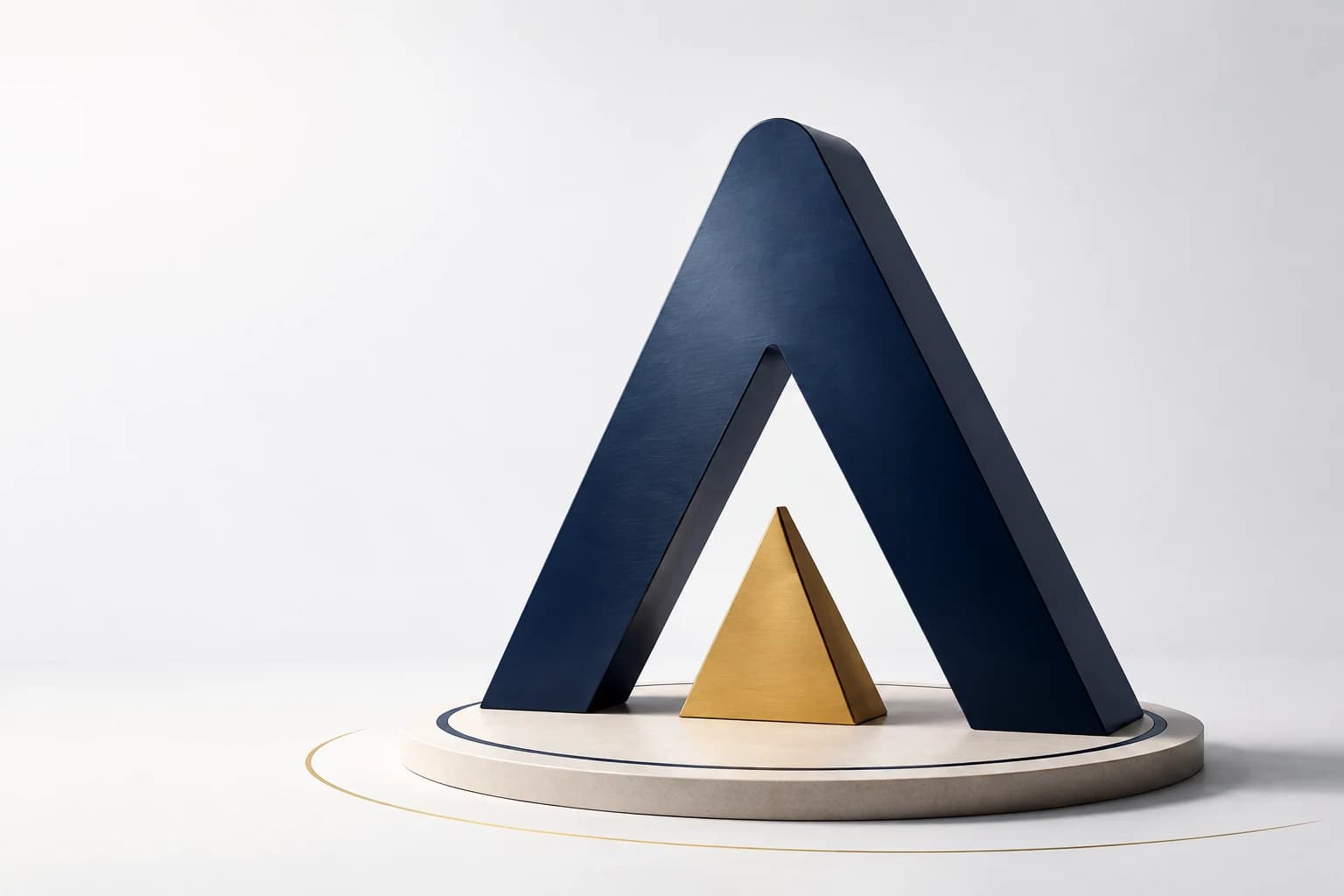 Navy and gold architectural sculpture inspired by the MenaSoft logo